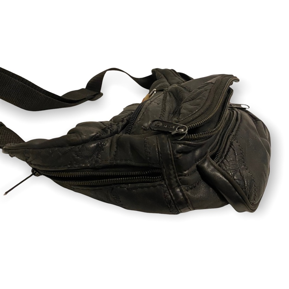 Black Vintage Patchwork Stitch Leather Fanny Pack / Bum Bag - Picture 3 of 8